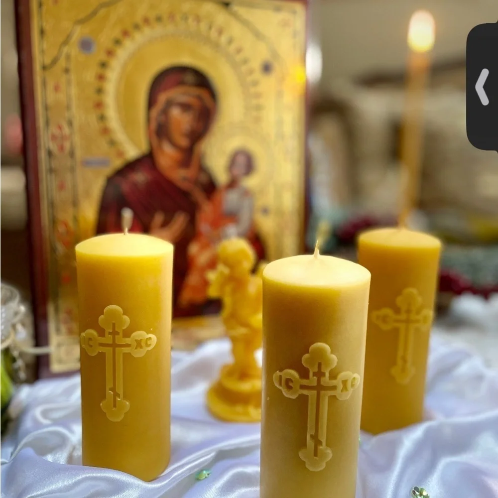 ORTHODOX CROSS PILLAR CANDLE  HANDMADE-BEESWAX (MEDIUM) 0489